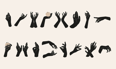 Big set of hands.Trendy minimal style woman's dark hands.Witch hands..Esoteric and mystical design elements.Magic, wizardry and fortune-telling,witchcraft.Vector illustration