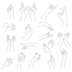 Big set of hands.Trendy minimal style woman's hands.Witch hands.Linear art.Esoteric and mystical design elements.Magic, wizardry and fortune-telling,witchcraft.Vector illustration