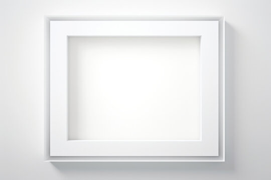 Empty white photo frame on minimal light wall background with copy space for text. Mock up template advertisement concept