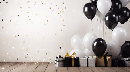 Birthday background with white black balloons and gifts on wooden background, 3d render of a bulb in a room, Ai generated image 