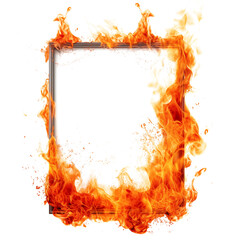 Mockup of a burning frame is cut out on a transparent background. The fire on the frame spreads in different directions. Concept of carelessness with fire and its consequences