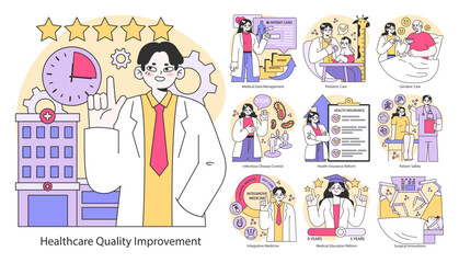 Healthcare Quality Improvement set. Enhancing patient care across life stages. Optimizing hospital operations, data management. Flat vector illustration.