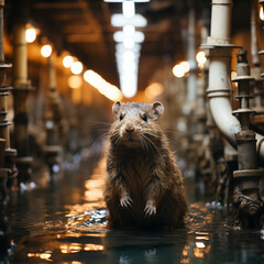 wet brown rat among the pipelines in flooded basement