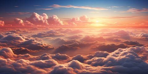 Aerial view above clouds at sunset. Beautiful nature landscape. View from airplane window.