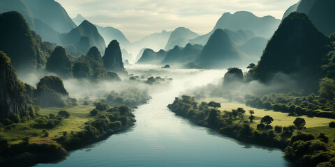 landscape, aerial view of a beautiful river valley with fog and karst rocks - obrazy, fototapety, plakaty