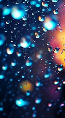 raindrops on glass ,dark background with bokeh lights. abstract background with copyspace. 