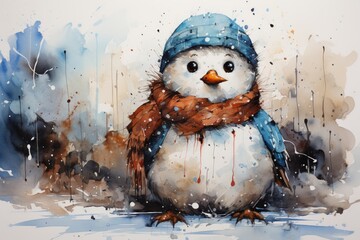 Obraz premium Snowman in the snow on a winter watercolor painted background
