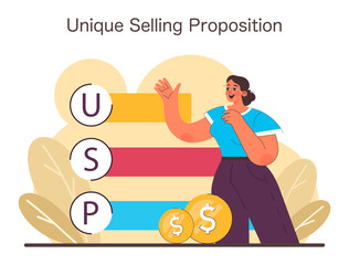 Unique Selling Proposition concept. An engaging illustration showcasing brand differentiation through USP layers, with a marketer presenting the strategy above monetary gains. Flat vector illustration