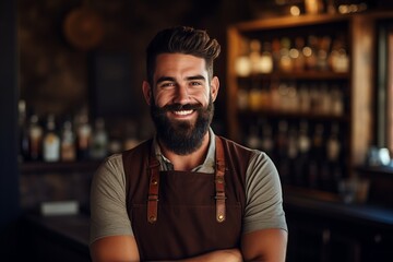 Smiling bartender with copy space at the bar in a lively and vibrant atmosphere - obrazy, fototapety, plakaty