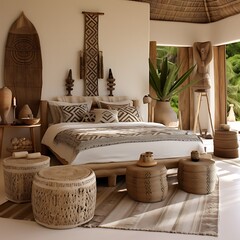 Tribal-themed bedroom with woven textiles and natural wood furniture