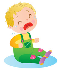 Crying little child with tears sitting on the blue rug