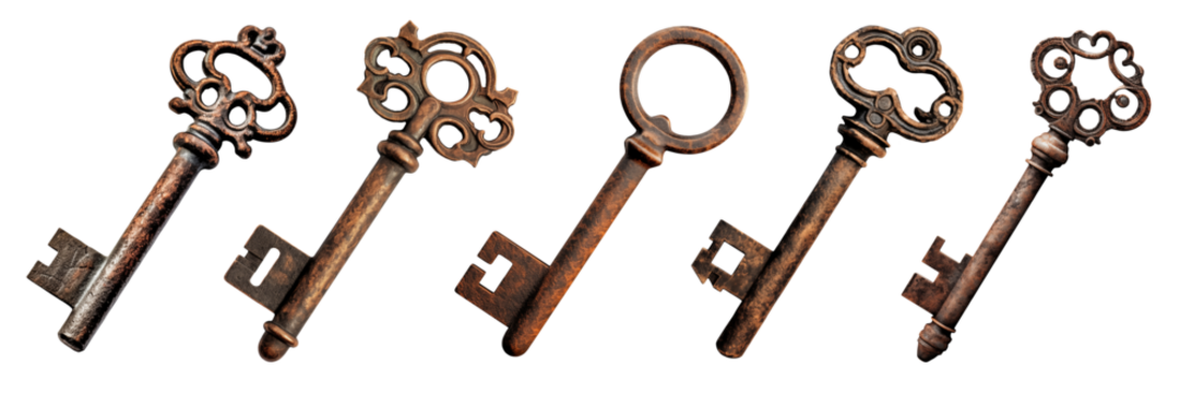 An set of different keys made of copper and rusty is cut out on a transparent background close-up. Keys for opening the different front doors of the house. To be inserted into a design or project.