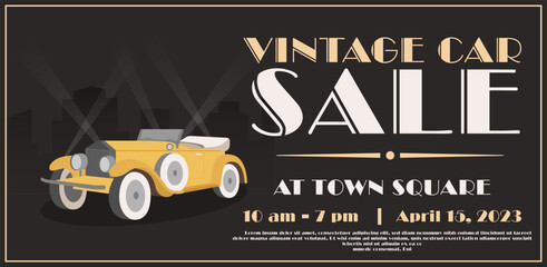 Vintage classic car sale horizontal poster template. Retro car exhibition. Vector illustration
