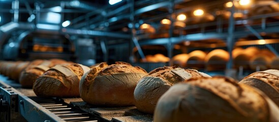 Bakery factory with bread made by automated production line.