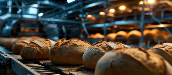 Foto auf Acrylglas Bäckerei Bakery factory with bread made by automated production line.
