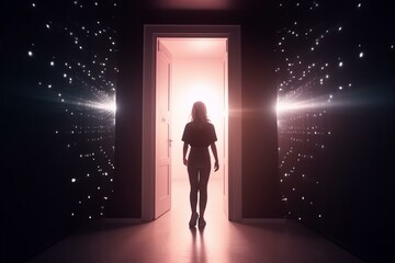 Mysteries light, going through the door into the light.
Girl looking into the lights.
generative ai