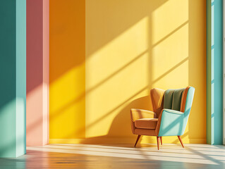 Colorful armchair on colorful wall interior design - obrazy, fototapety, plakaty