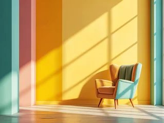 Foto auf Acrylglas Colorful armchair on colorful wall interior design © YasumiHouse