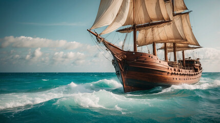 Around the world sea voyage. An ancient medieval wooden sailing ship floats on the waves. Turquoise water, blue sky, sunny day. - obrazy, fototapety, plakaty