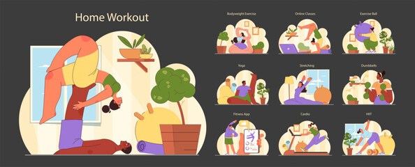 Fototapeta premium Home Workout set. Indoor fitness routine variety. Engaging in yoga, stretching, and strength training. Interactive digital training through an app. Flat vector illustration.