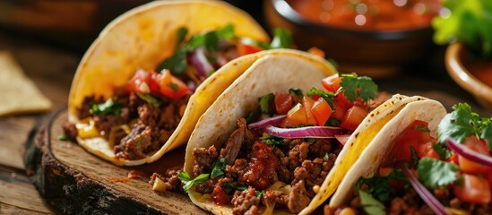 Tasty Mexican cuisine: beef and homemade salsa in taco shells. - obrazy, fototapety, plakaty