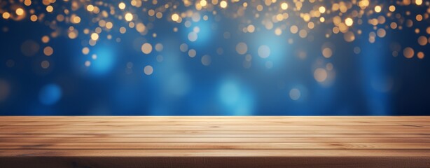 Wooden table with sparkling bokeh lights in the dark background. Festive holiday atmosphere backdrop. - Powered by Adobe