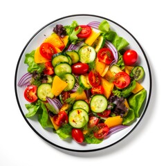 Plate of vegetable salad on white background, top view.