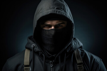 Criminal in black mask balaclava and hoodie