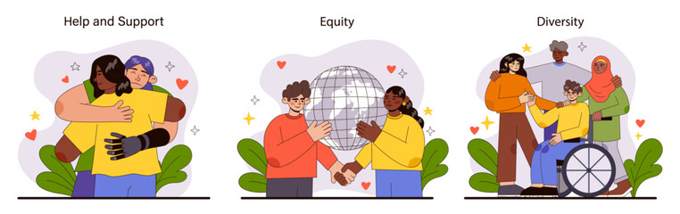 Inclusive Society set. Showcases accessibility with a wheelchair, empowerment through unity, and the fight against discrimination. Promoting equal rights and community support. vector illustration.