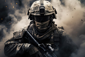 Special forces soldier in equipment in smoke - obrazy, fototapety, plakaty