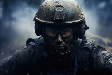 Naklejka premium Portrait of an army soldier in smoke on the battlefield