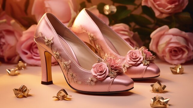 A crisp image of rose-pink mules with golden embellishments, popping against the background.