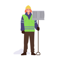 Brave woman janitor cartoon character standing with shovel ready to save city street from snow