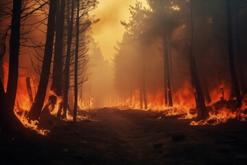 The flames of a forest fire spreading through the trees. Climate change and an increase in the number of weather disasters in the world.