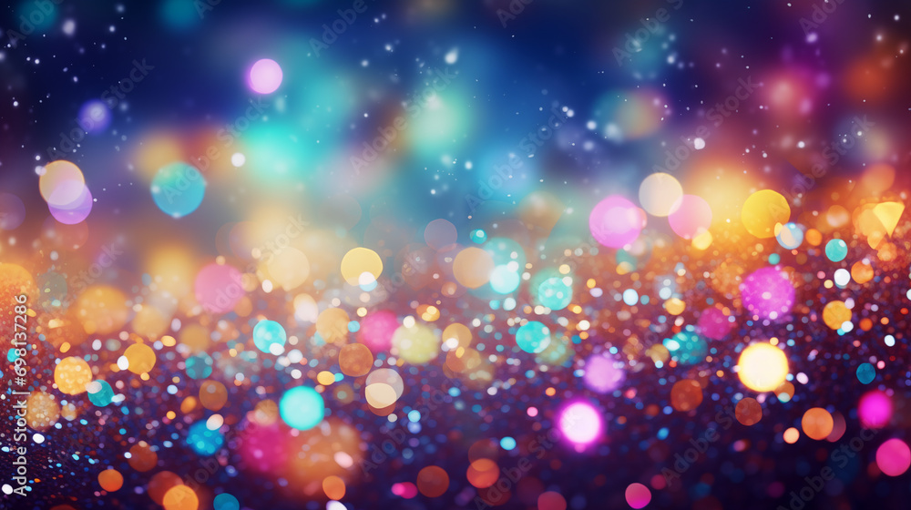 Poster abstract background with bokeh, glittering colourful party background, ai generated image