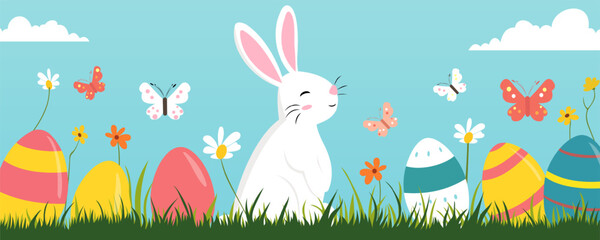 Happy easter. Bunny, Easter eggs, flowers, green grass and butterflies in flat design. Easter vector illustration for postcard, banner, poster, cover or print.
