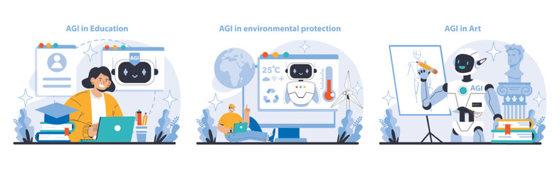 AGI set. AI redefining education, environmental protection, and creative artistry. Strategic AI deployment for sustainable and cultural advancements. Flat vector illustration.