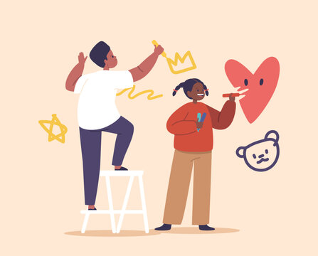 Two Young Happy Siblings Giggle, Express Their Creativity With Crayons On The Wall. Unaware Of Mischief - Powered by Adobe