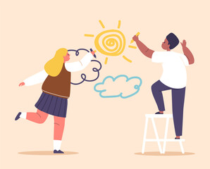 Two Young Artists, A Boy And A Girl Characters, Gleefully Express Their Creativity On The Wall With Vibrant Strokes