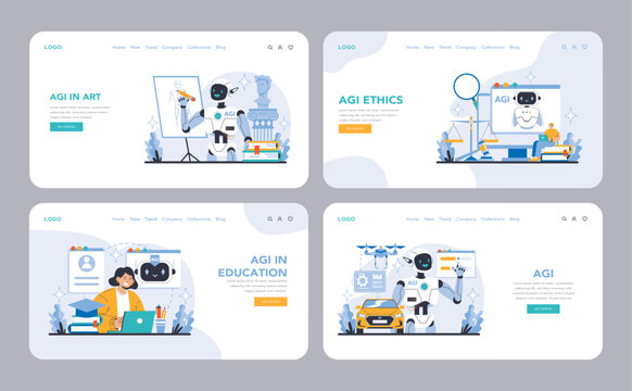 AGI web or landing page. AGI transforming art, ethics, education, and driving innovation. A holistic AI approach shaping future landscapes. Flat vector illustration.