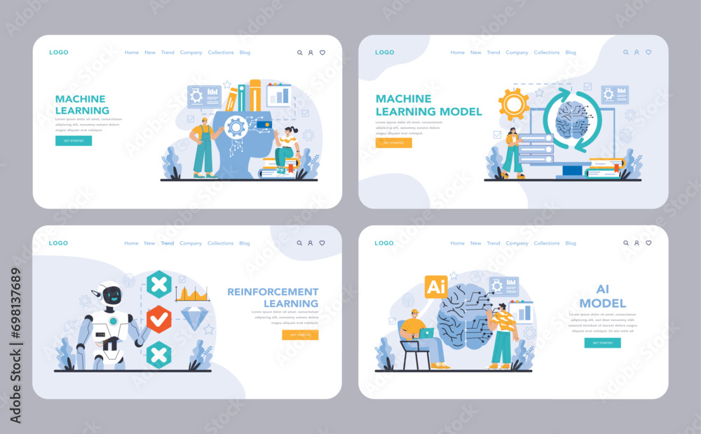 Poster ai model web banner or landing page set. a collection showcasing the spectrum of ai learning, from m