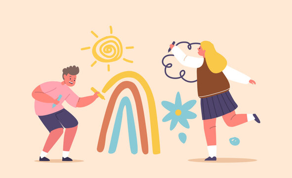Happy Boy And Girl Drawing Sun, Rainbow And Clouds On Wall. Children Characters Painting, Vector Illustration
