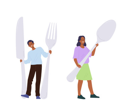 Happy smiling man and woman cartoon character holding huge spoon, fork and knife isolated on white