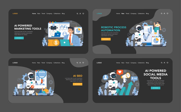 AI Tools night or dark mode web or landing page set. Integrates diverse AI technologies for marketing, social media, SEO, and process automation. Centralizes digital innovation. Vector illustration.