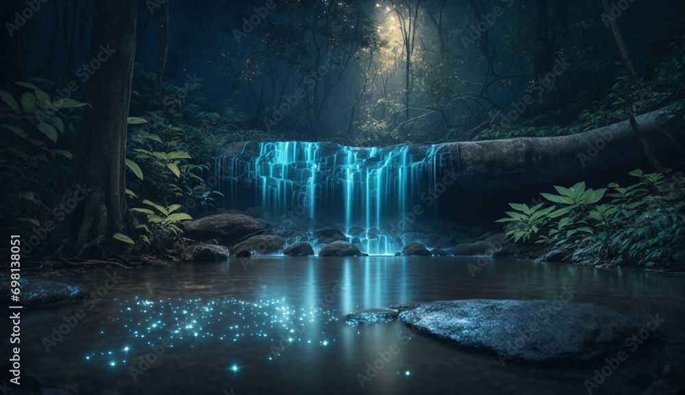 Poster in the heart of the jungle: capturing the mesmerizing glint of a waterfall - ai generative