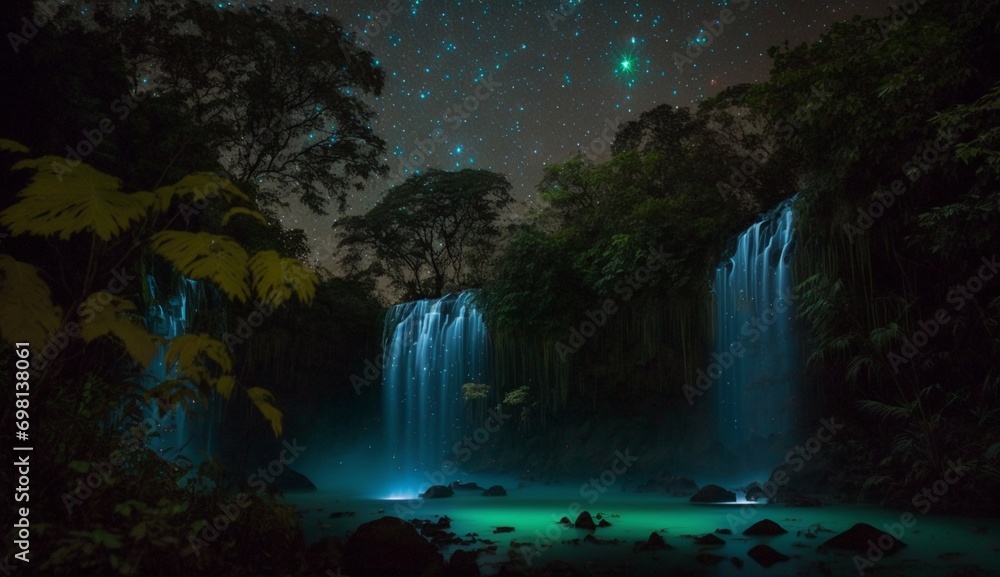 Poster in the heart of the jungle: capturing the mesmerizing glint of a waterfall - ai generative