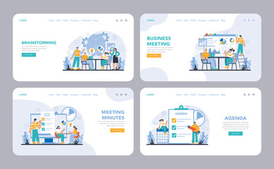 Business meeting web or landing page set. Team brainstorming, strategic session planning, minutes recording, and agenda setting. Flat vector illustration.