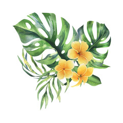 Tropical palm leaves, monstera and yellow flowers of plumeria, frangipani, bright juicy. Hand drawn...