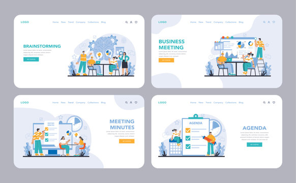 Business meeting web or landing page set. Team brainstorming, strategic session planning, minutes recording, and agenda setting. Flat vector illustration.