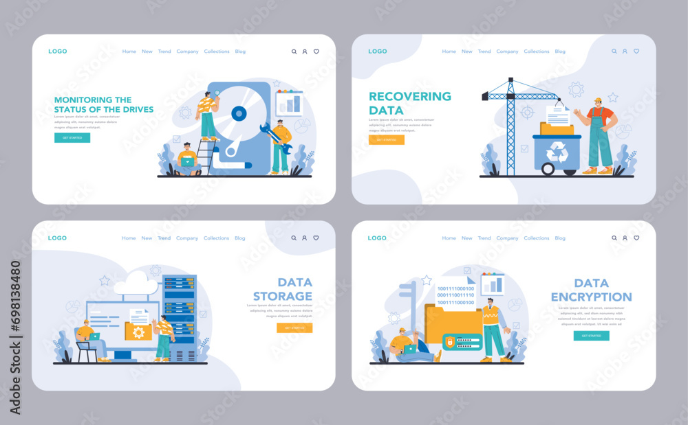 Poster data storage set. illustrates key data storage operations: monitoring, recovering, storing, and encr